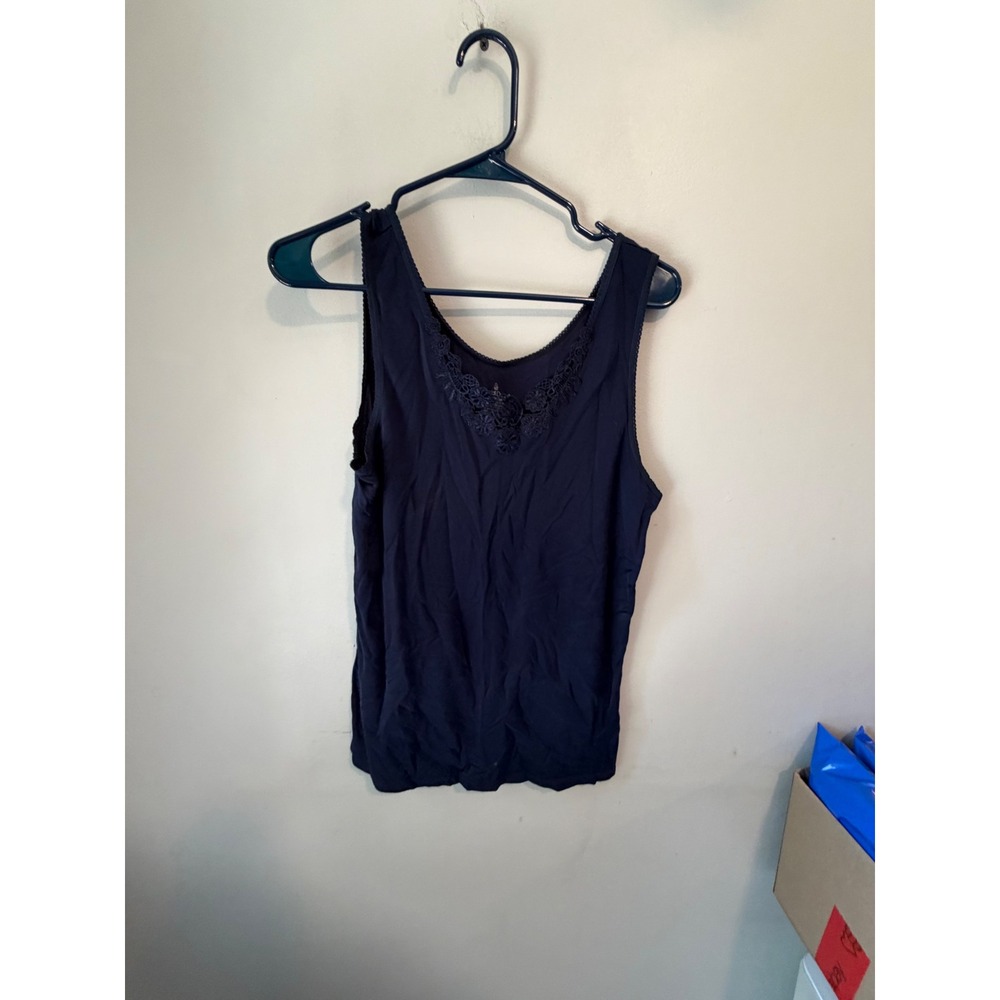 Cuddl Duds Softwear Navy Blue Lace Trim Tank Top Womens Large CD8212042